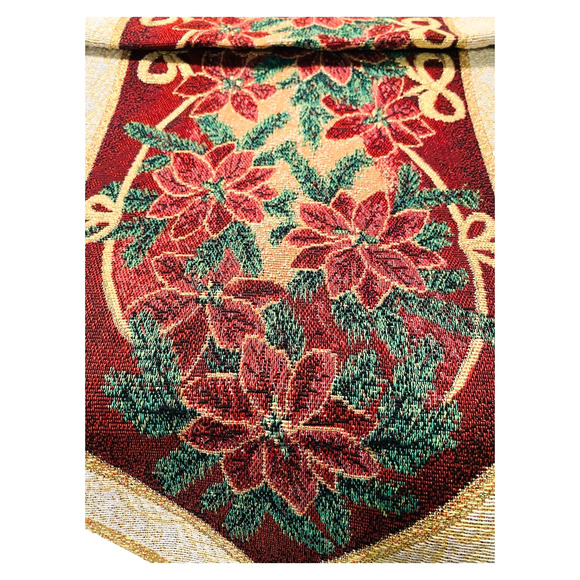 Christmas Tapestry Table Runner Maroon Green Metallic 72" NEW - Picture 9 of 9